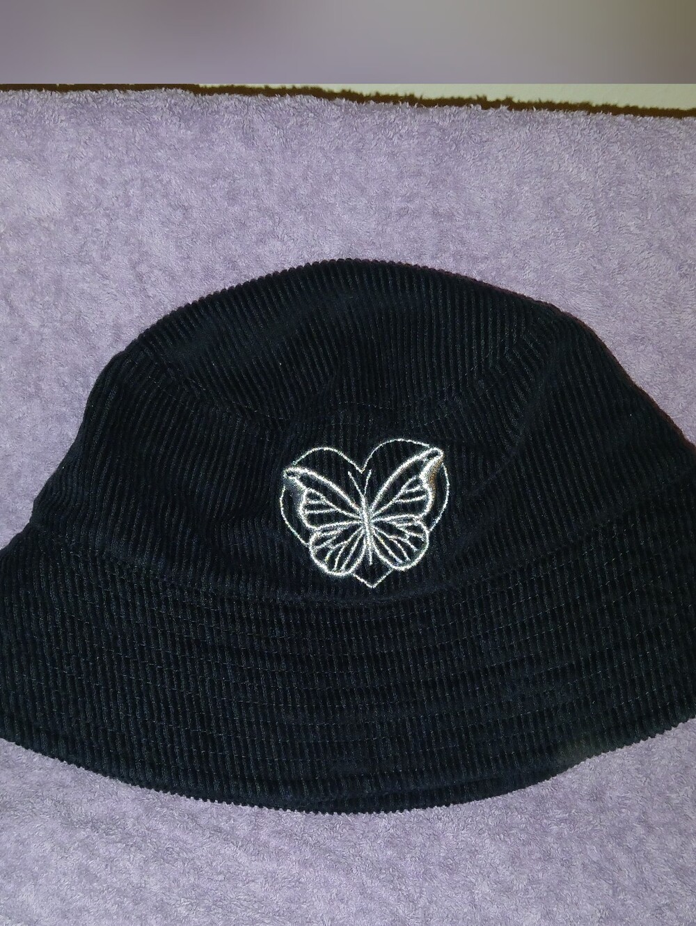 H&M Black Corduroy Bucket Hat w/ Silvery White Butterfly Embroidery M/L